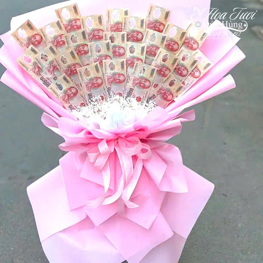 Bó Hoa Tiền Màu Hồng Mix Baby Trắng
